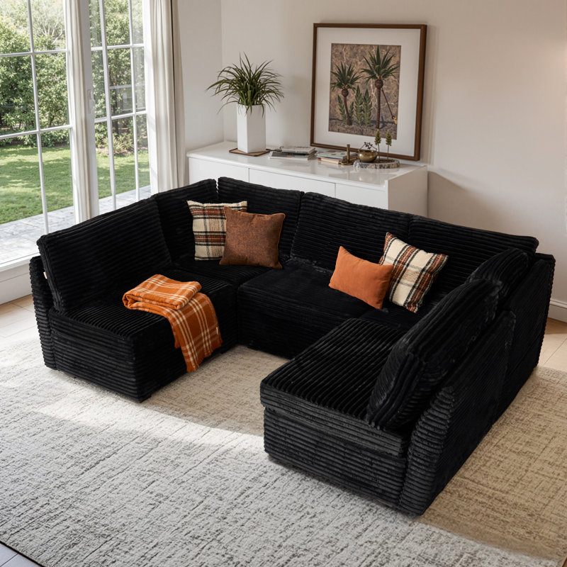 5 - Piece Modular Upholstery Sectional Sofa, Black Polyester