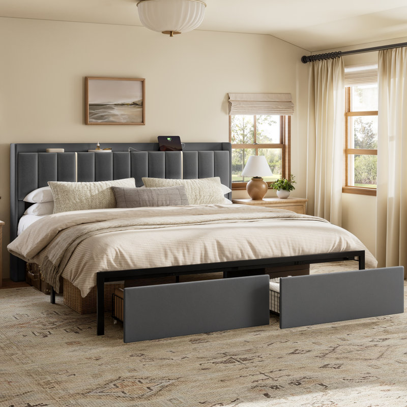 Upholstered King Bed with 2 Drawers and Open Storage Headboard，Platform Bed with Charging Station, No Spring Boxing Needed, Gray
