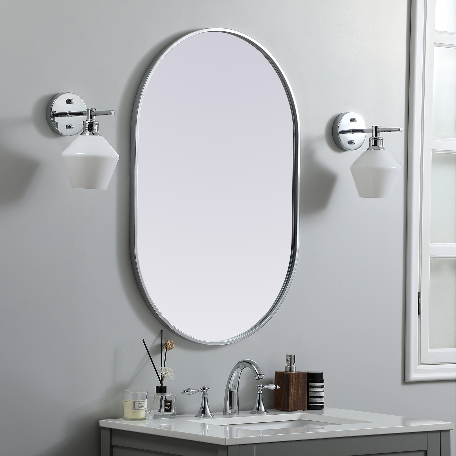 Sabine Metal Pill Wall Mirror, Silver, 36" x 24"