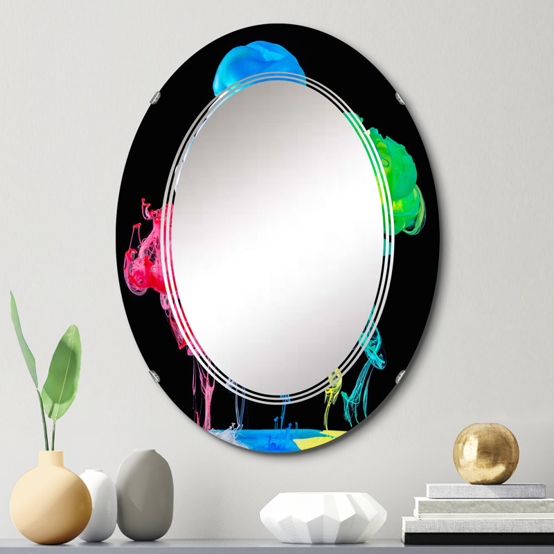 Encre rouge, bleue et verte, art liquide sur fond noir - miroir mural moderne ovale, 30 po x 20 po