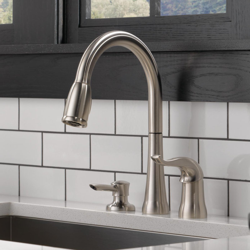 Kate Pull Down Sprayer Kitchen Sink Faucet with Matching Soap Dispenser, Brilliance Stainless