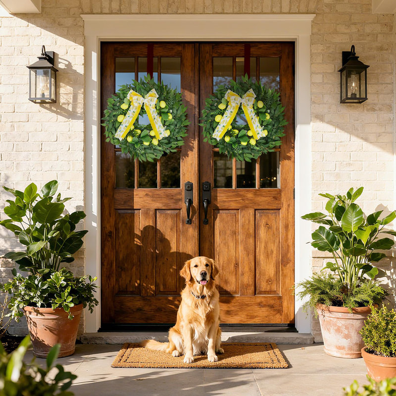 24 Inch Artificial Lemon Wreath, Spring Summer Yellow Fruit Bow Greenery Front Door Wall Decor