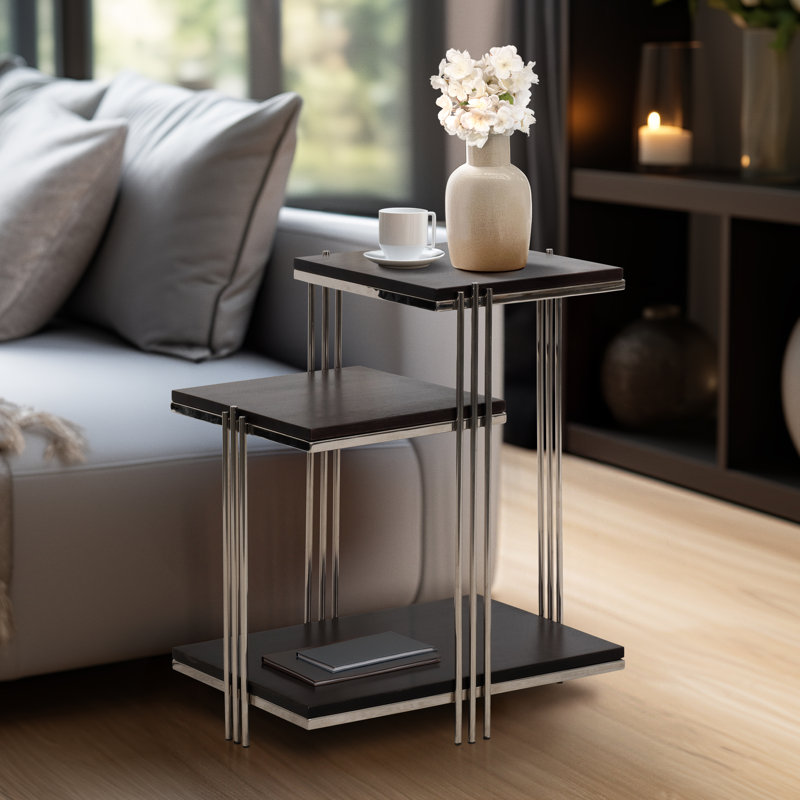 Table d'appoint à trois niveaux en métal et bois de manguier