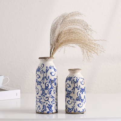 7.9 Inch 2Pcs Rustic Blue And White Ceramic Vase Set