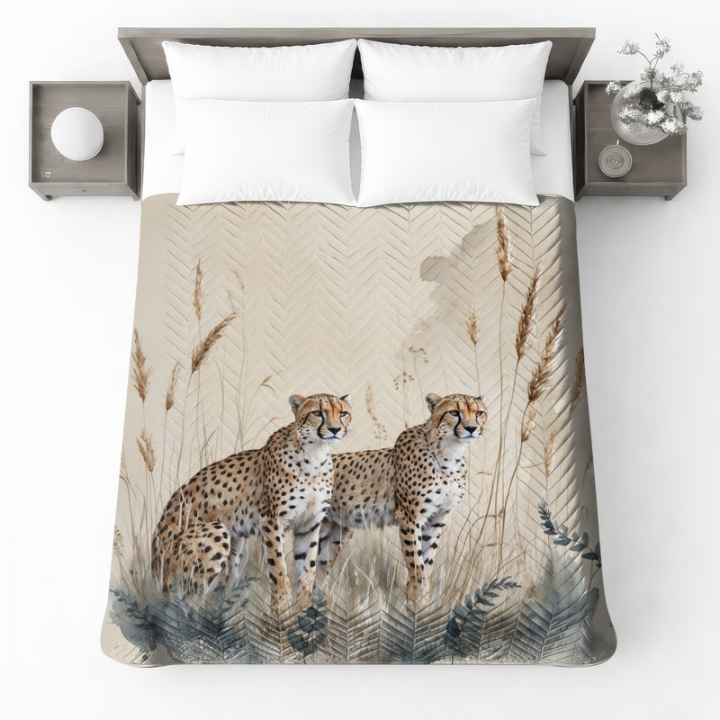 Couvre-lit matelassé guépard dans l'herbe toutes tailles, Lit simple