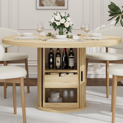 47" Round Dining Table for 4-6, Modern Farmhouse Kitchen Table with 2-Layer Storage Shelf & Drawer