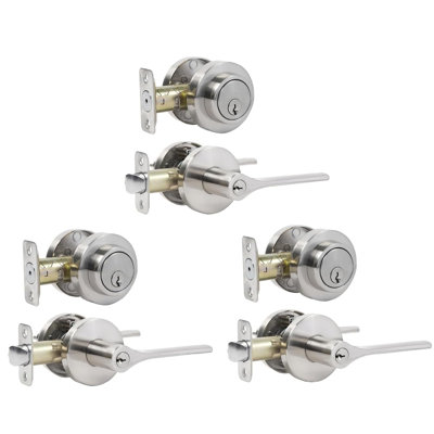 Ensemble de poignée de porte et de pêne dormant à clé à clé identique, poignée de porte robuste avec serrures à pêne dormant, serrure à pêne dormant et bouton de porte pour portes extérieures en nickel satiné, lot de 3