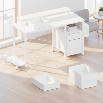 Bureau de 47 po avec prise de courant, 2 supports pour écran, 2 tiroirs, pochettes latérales, facile à assembler, stabilité du cadre réversible, utilisation pour le bureau personnel, le bureau d'ordinateur, la table de jeu