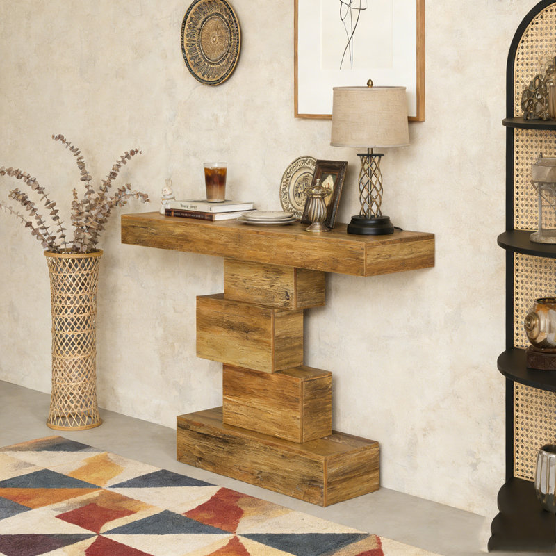 Wood Sofa Table Accent Table with Geometric Base, Marron clair
