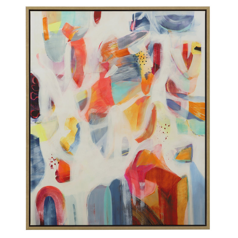 Large Colorful Abstract Canvas Print with Gold Frame