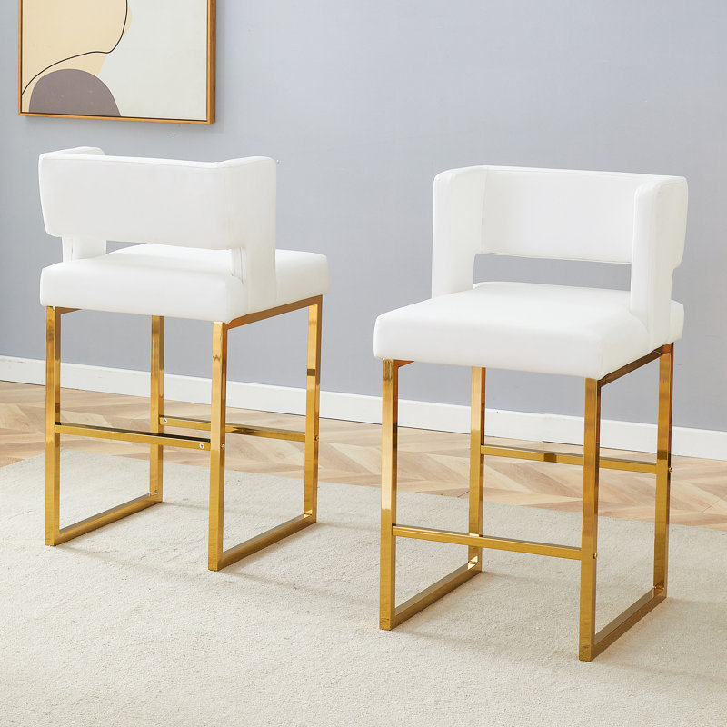 Upholstered Counter Stool with Metal Frame (Set of 2), White, Gold