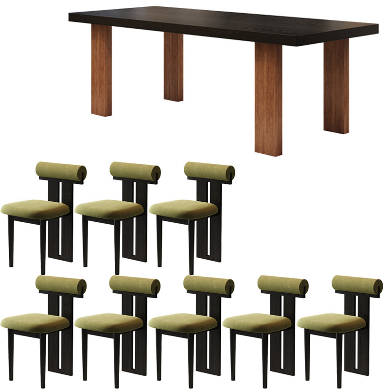 Ensemble de table à manger en bois massif de style français, H 29,5 po x L 86,6 po x l 35,4 po, Vert / noir