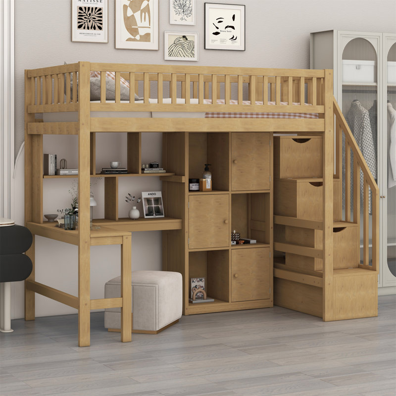 Lit mezzanine en bois avec bureau intégré, DEL, tablettes de rangement, armoires et escalier, Walnut