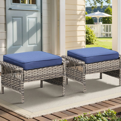 Extérieur pour 2 personnes, repose-pieds gris pour patio avec coussins bleus pour terrasse, coussins confortables en mousse haute densité de 3,5 po d'épaisseur, structure en acier thermolaqué rouille, résistant aux intempéries et à la décoloration