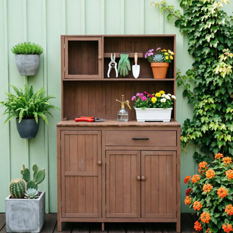 Multi-Functional Brown Outdoor Gardening Table & Kitchen Island With Drawer & Double Doors, Brown