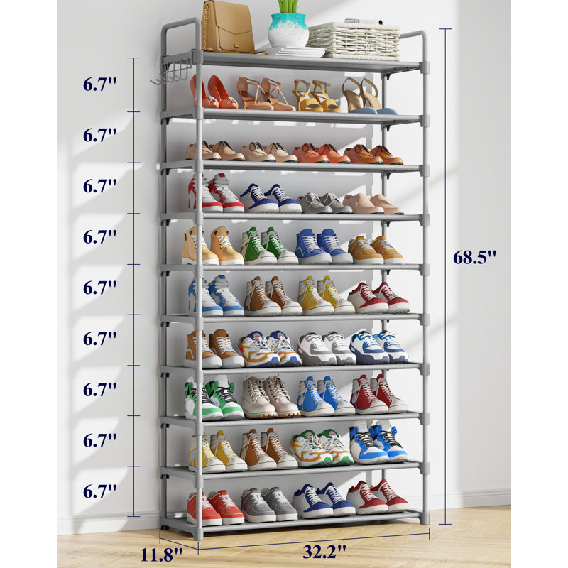 Shoe Rack for Closet - 10-Tier Shoe Organizer with Hook Rack, Large-Capacity & Space-Saving Shoe Shelf for Entryway, Bedroom, Living Room,32.2" x 11.8" x 68.5", Gray