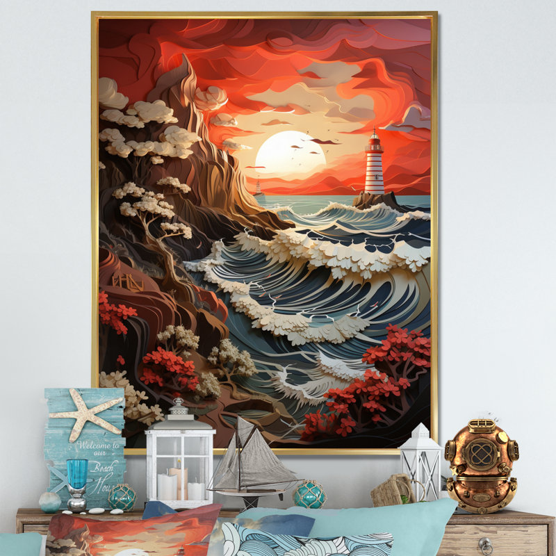 «Coastal Seaside Harmony Papercut», reproduction sur toile, H 20 po x l 12 po x P 1 po, Cadre flottant doré