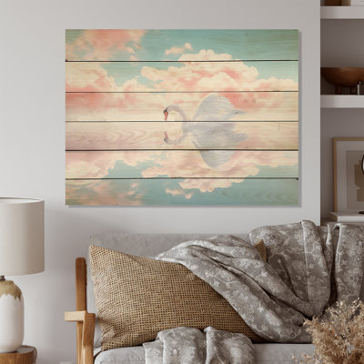 Graceful Mirage Sawn Clouds - Swans Wood Art On Natural Pine Wood