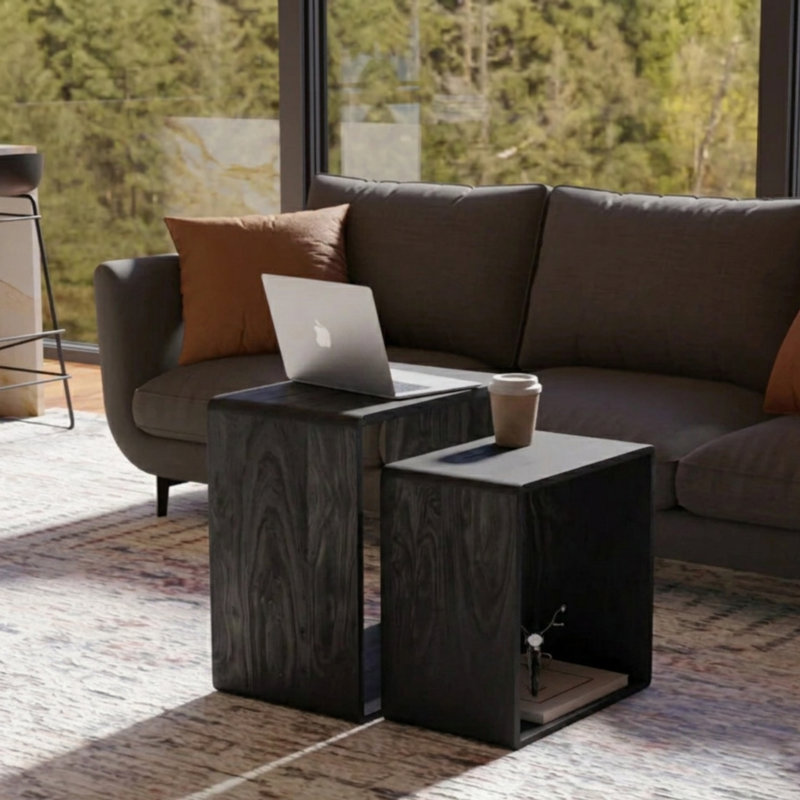 Modern Solid Wood Nesting Tables, Set of 2 with Open Storage,Black Finish, Black