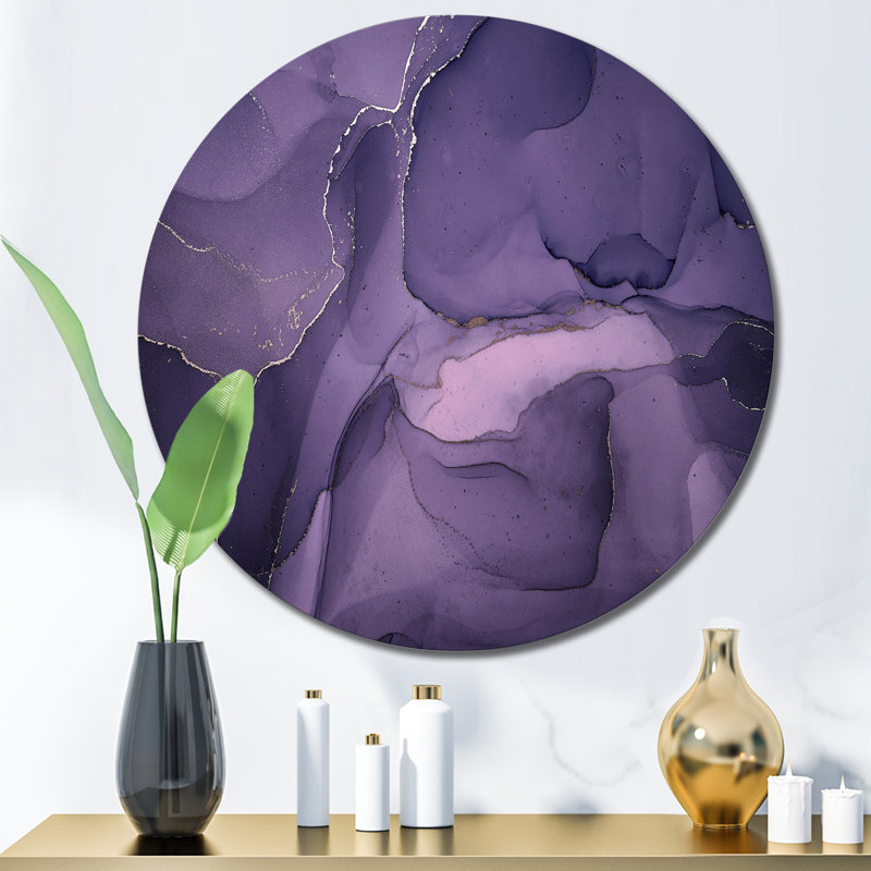 «Mauve et gris», encre de marbre II - art mural moderne en cercle métallique, H 29 po x l 29 po x P 1 po