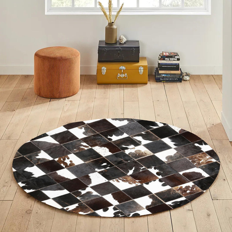 Round Cowhide Rug Black Brown White Patchwork Leather Rug 5X5 Ft, Round 5'
