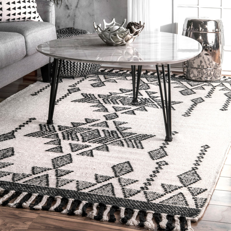 Tapis ivoire / noir en laine tissé à la main Southwestern, Rectangle 7 pi 6 po x 9 pi 6 po