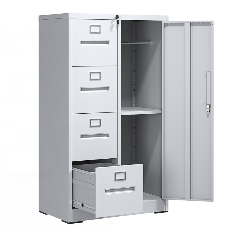 Metal Storage Vertical Filing Cabinet With Lock, Steel File Locker With 4 Drawers And 1 Door, Living Room Cabinet, White
