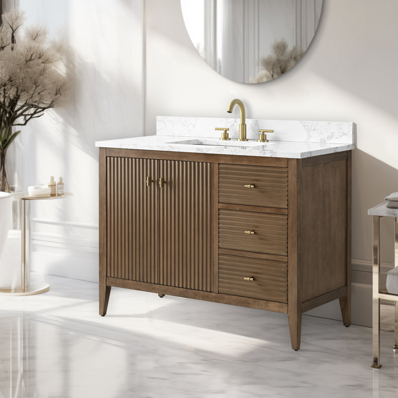 42'' Single Bathroom Vanity with Engineered Marble Top, Golden Brushed, Linear Walnut