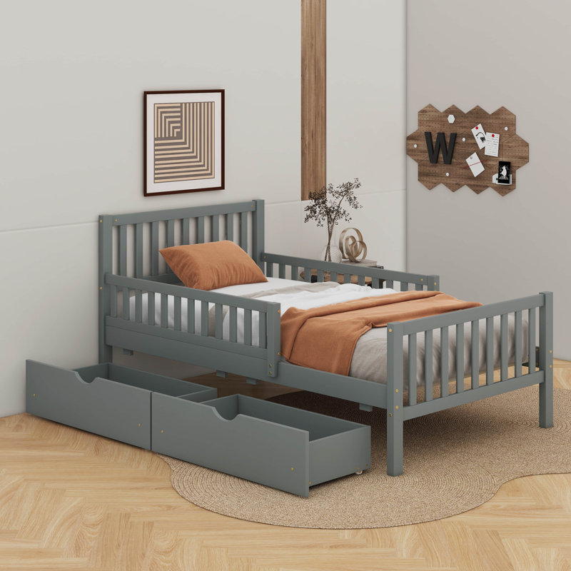  Lit plateforme en bois avec garde-corps et 2 tiroirs, Gris, Lit simple