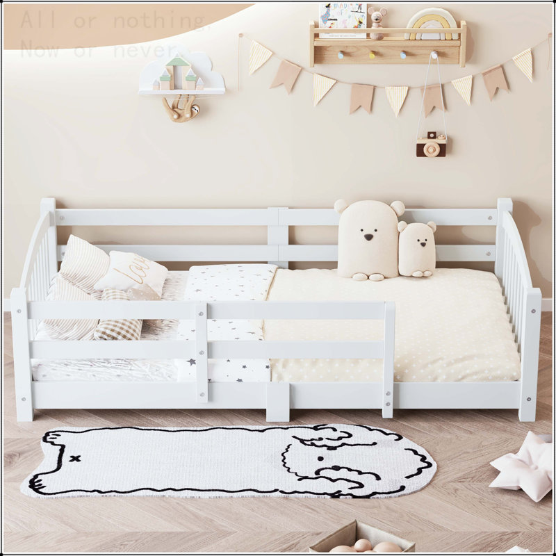 Full Size Montessori Floor Bed with Safety Guardrails, White, Twin