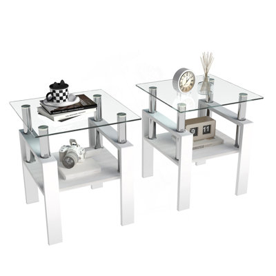 Ensemble de 2 tables de bout et table de bout en verre trempé moderne