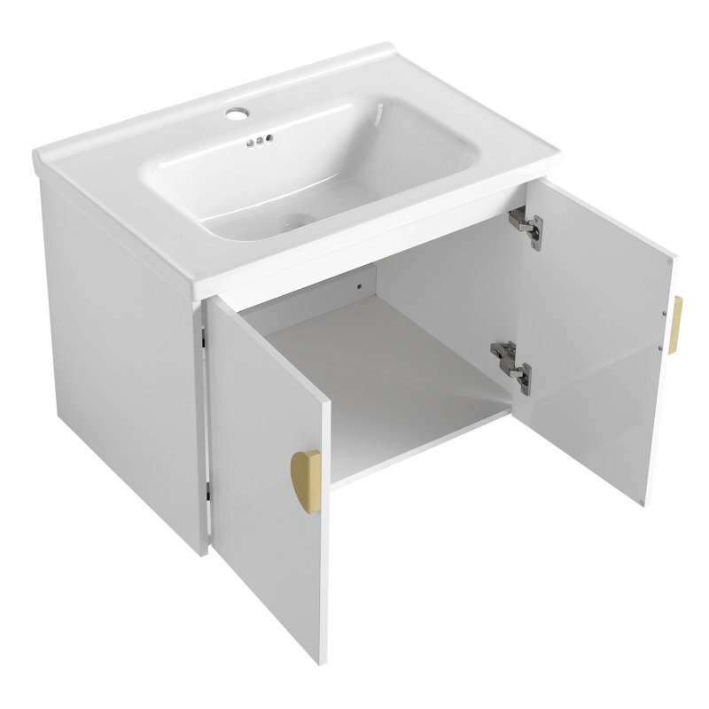 Meuble-lavabo avec lavabo de 28 pouces. Armoire murale blanche à 2 portes pour petites salles de bain. Comprend un lavabo en céramique distinctif et des poignées en métal. (Moderne comprend superbe