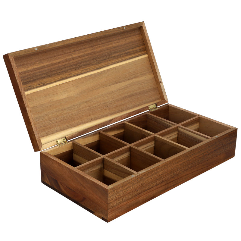 Boîte à thé en acacia 14,25 po x 7,5 po avec 10 fentes de rangement