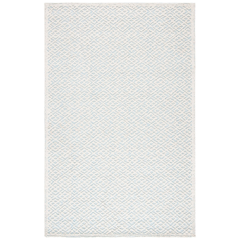 Ivory and Blue Geometric Hand Tufted Wool Rug, 4' x 6'