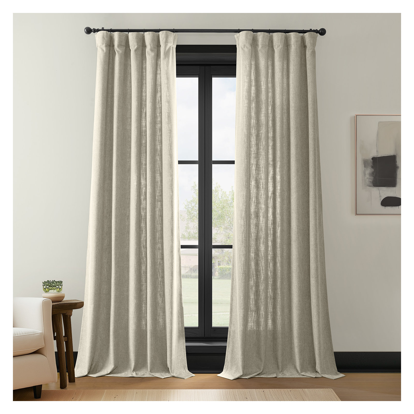 Farmbry Simply Faux Linen Curtains Pair - 2 Panels - Light Filtering Window Curtains, Beige, 50" W x 84" L