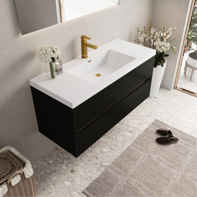Meuble-lavabo mural 48 po avec lavabo, meuble de rangement flottant, comptoir en résine de pierre, bois, tiroirs à fermeture en douceur préassemblés, comptoir pour meuble longue durée, utilisation