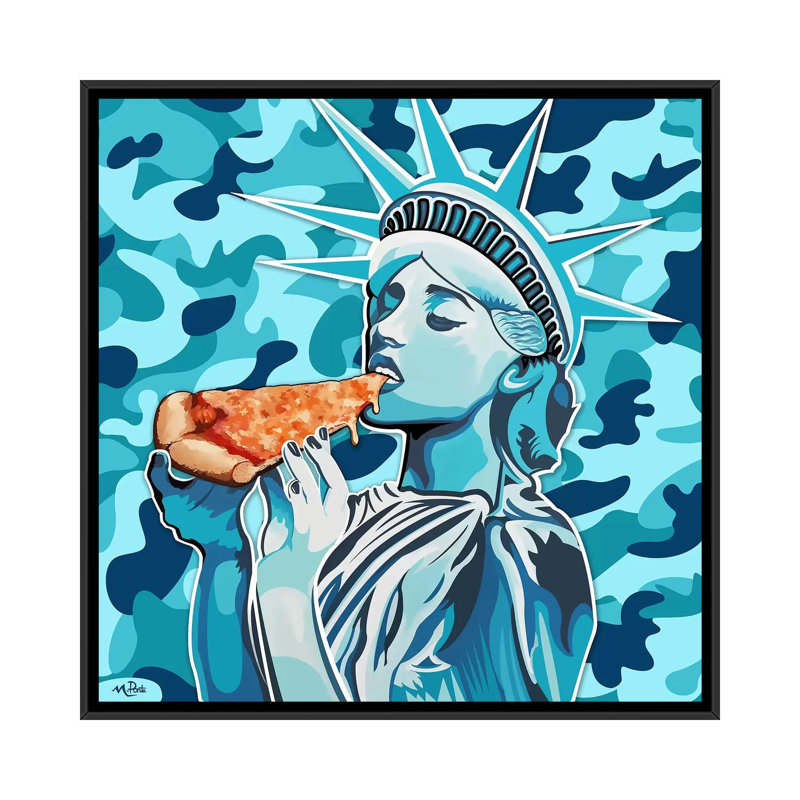 Liberty pizza-imprimé carré bleu, H 18 po x l 18 po x 1,5 po, Toile avec cadre noir, Pas de tapis