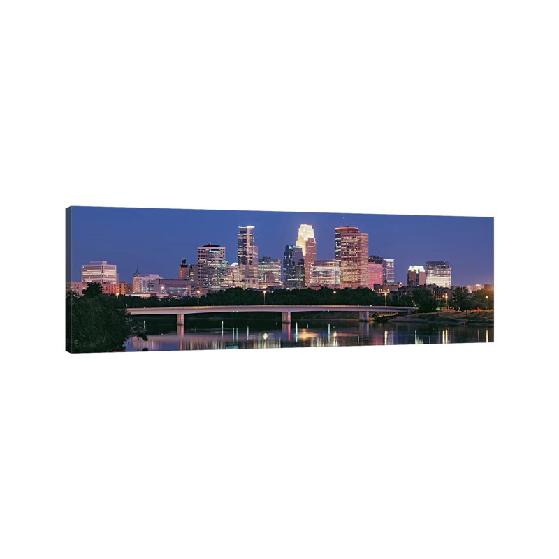Buildings Lit up at Night in a City, Minneapolis, Mississippi River, Hennepin County 1 Piece Wrapped Canvas Panoramic Wall Art