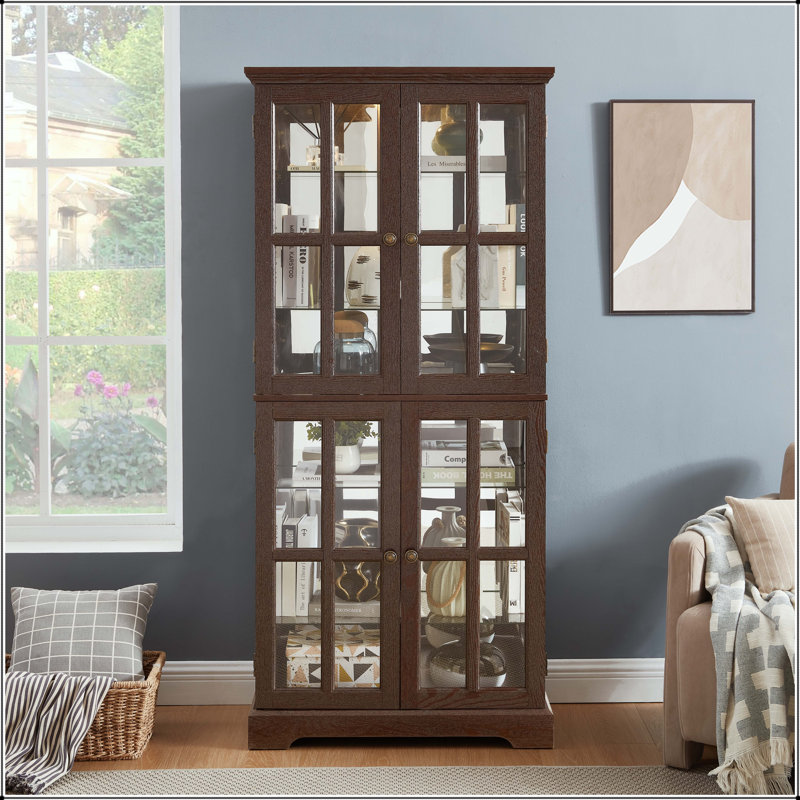 Vitrine antique avec portes en verre et tablettes réglables - Cerisier, Cerisier