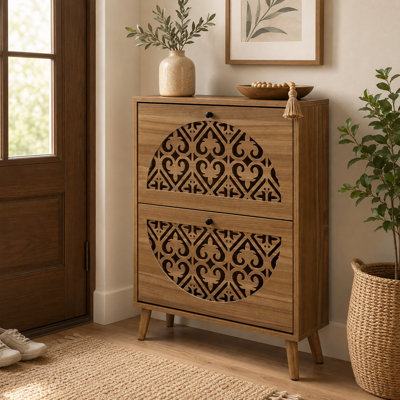 Narrow Shoe Cabinet, 2 Flip Drawers, Carved Floral Wood Shoe Organizer, Entryway