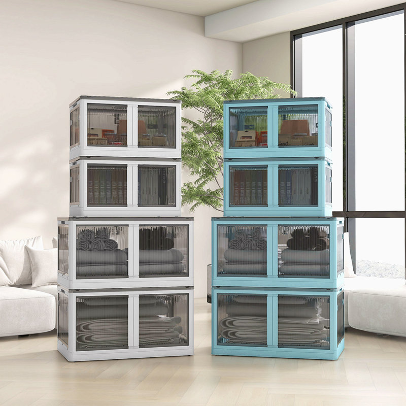 3 bacs de rangement empilables avec couvercles, roues, pliables, 18 gallons, Blanc