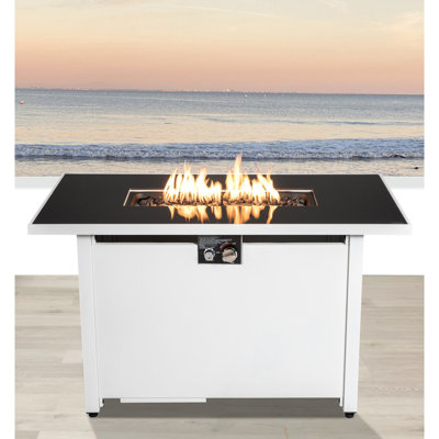 Table de foyer blanc avec dessus en acier inoxydable, 50000, rouille et chaleur, pour table de patio, acier, contemporain, allumage