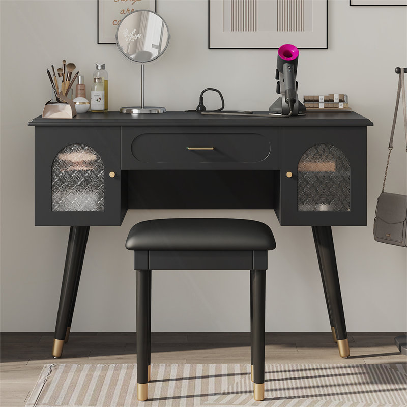 Elegant Vanity Makeup Table & Chair Set, Black