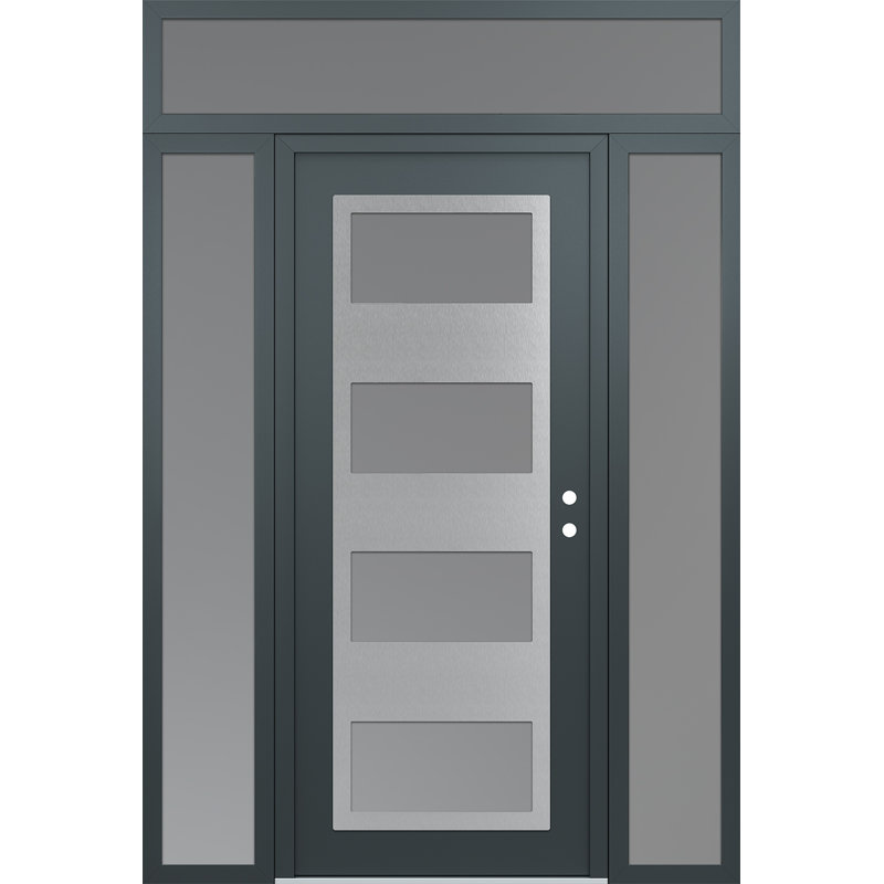 Panneau d'entrée en acier argenté anthracite / anthracite avec 2 panneaux latéraux et porte d'entrée pré-montée traverse