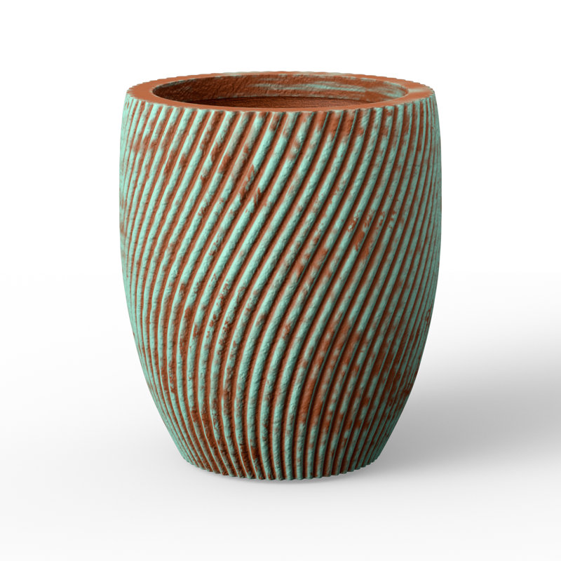 11 in. Small Concrete Round Planter / Pot with Teal Stripes with Drainage Holes for Indoor & Outdoor, Teal