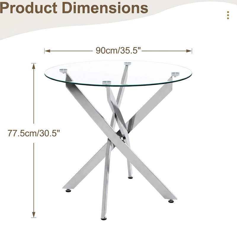 Table de salle à manger ronde, 90 cm (35,5 po) en verre avec pattes, esthétique moderne pour la pièce, réduit les risques de collision, montage rapide et simple dans les petits espaces