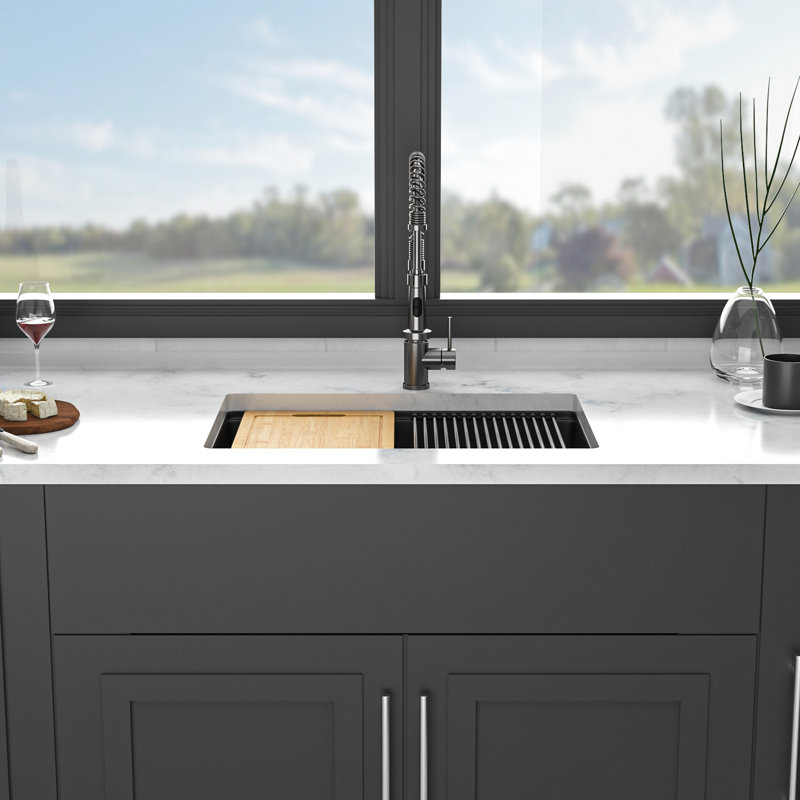 28 - Inch By 19 Black Quartz Workstation Undermount Kitchen Sink High End Material, Smooth Surface, Eliminates Vibration, With Drying Roll Up Rack And Bottom Grid Black, 28" X 19", Composite,