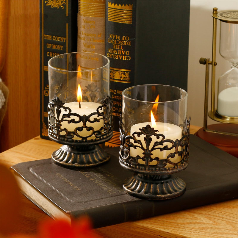 2 Piece Glass Metal Candlestick Set, Brown