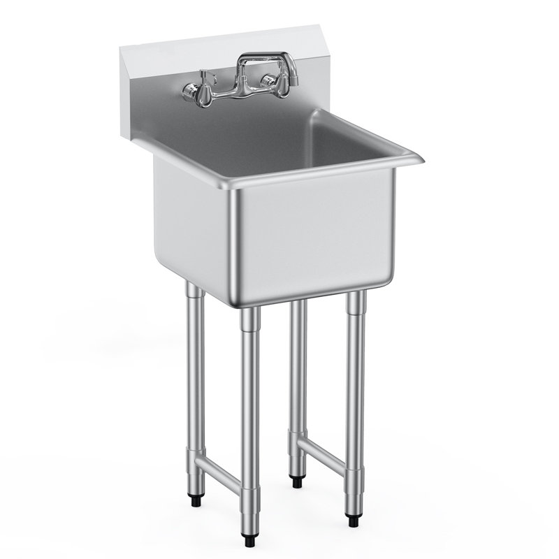 Évier de préparation et utilitaire en acier inoxydable, petit évier autoportant à 1 compartiment avec robinet et pieds, éviers à simple cuve commerciale de 18 po x 41 po pour le garage