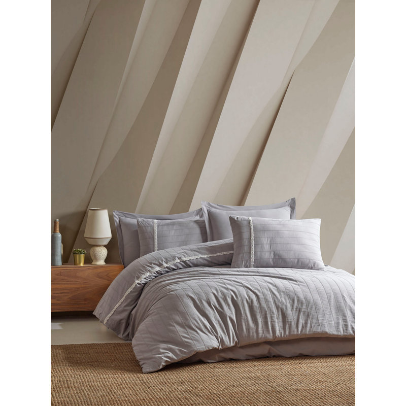 Ensemble de housse de courtepointe luxueuse 100% coton, jacquard gris | Housse de couette 78,7 po x 86,6 po, drap plat 94,5 po x 102,4 po, 4 taies d'oreiller (2 Oxford) | Literie lavable à la machine, douce et respirante pour plus de confort